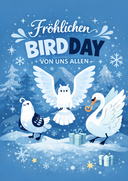 Winter greeting card with three birds and gifts