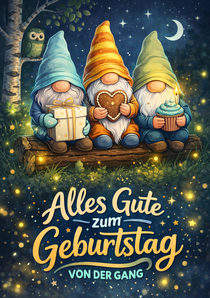 Three gnomes on a moonlit birthday card