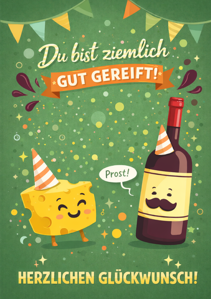 Birthday card with cheese and wine characters