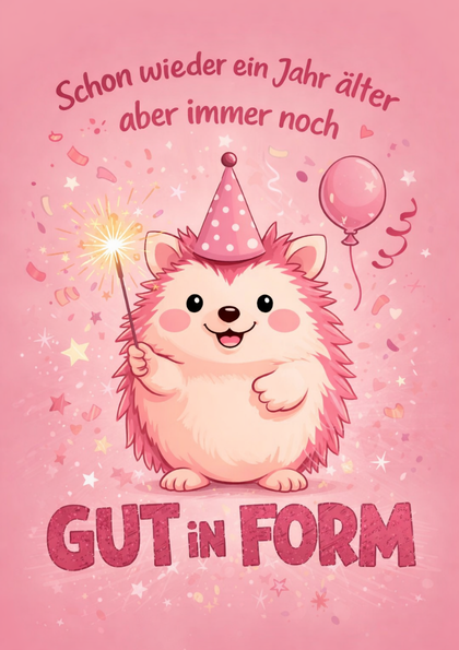 Pink birthday card with smiling hedgehog