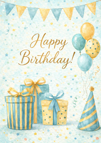 Watercolor birthday card with gifts and balloons