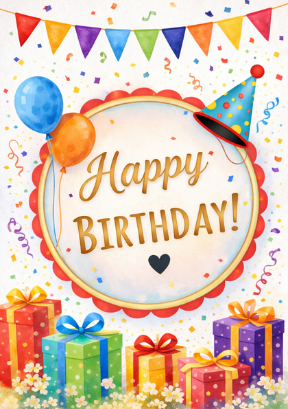 Colorful birthday card with balloons and gifts
