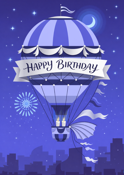 Purple hot air balloon with 'Happy Birthday' banner