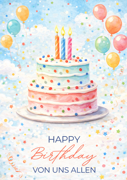 Watercolor three-tier birthday cake with balloons