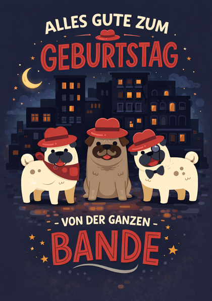 Birthday card with three dogs in red hats
