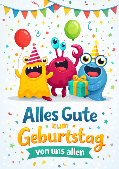 Three colorful cartoon monsters at a birthday party