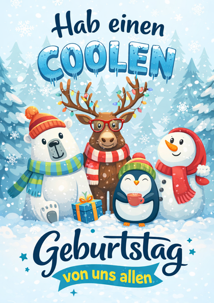 Winter birthday card with four cheerful characters