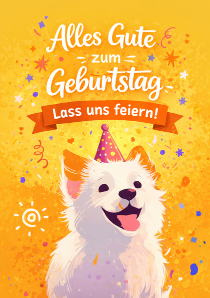 Birthday card with a happy dog in a party hat
