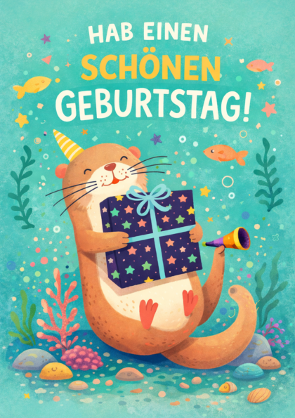 Cartoon otter with gift underwater