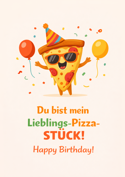 Cartoon pizza slice with party hat and balloons