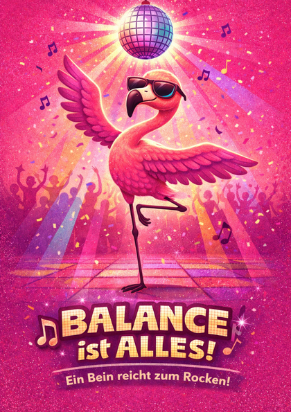 Pink flamingo balancing under a disco ball
