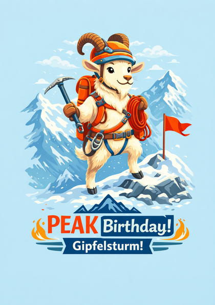 Cartoon mountain goat climber with red flag