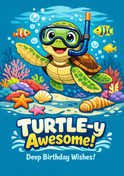 Smiling cartoon sea turtle with snorkel underwater