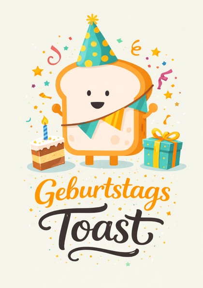 Cartoon slice of toast celebrating a birthday