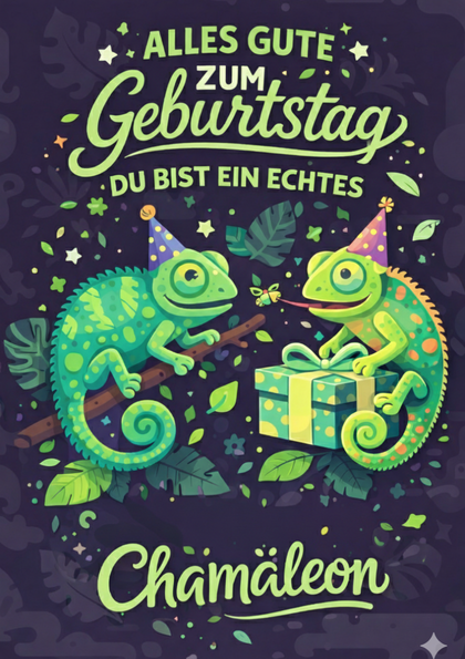 Birthday card with two party chameleons