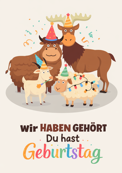 Birthday card with four festive animals