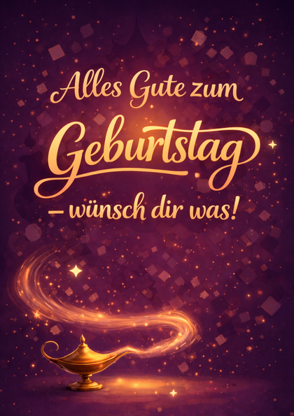 Birthday card with golden lamp and glowing text