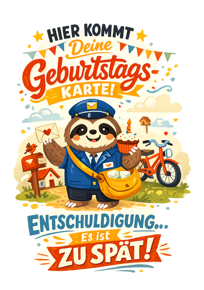 Sloth mail carrier with birthday card and cake