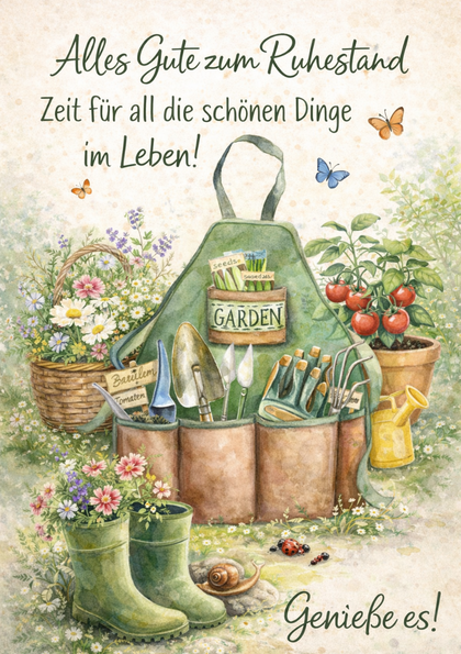 Retirement card with gardening tools and flowers