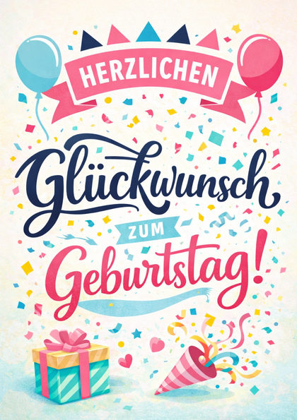 Colorful birthday card with balloons and confetti