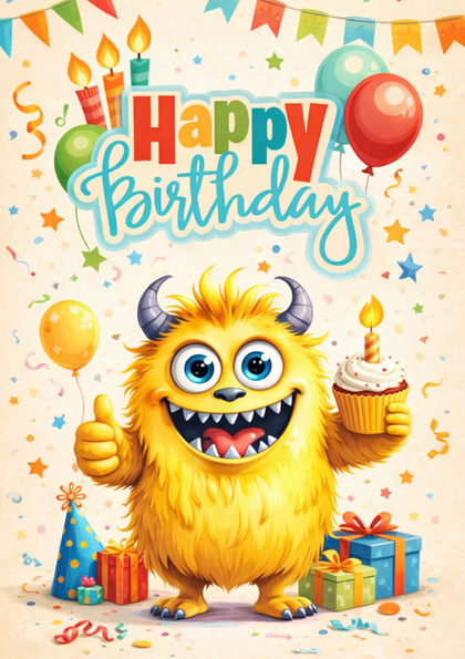 Yellow furry monster with cupcake and thumbs-up