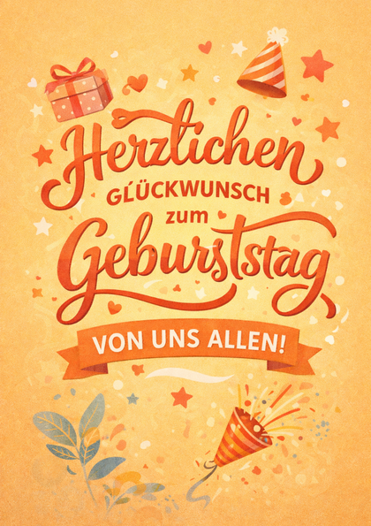 Orange birthday card with German text and party icons