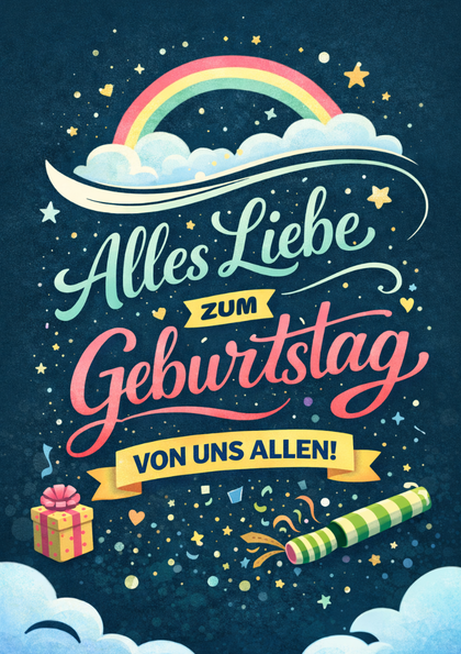 Birthday card with rainbow, gifts and confetti