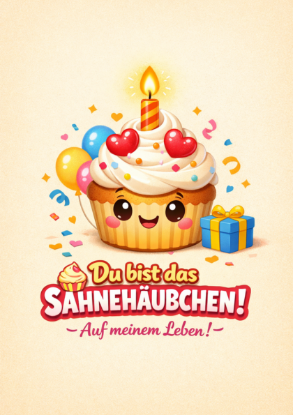 Smiling cupcake with candle and gift on card