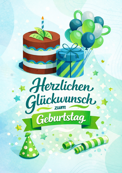 Birthday card with cake, gifts and balloons