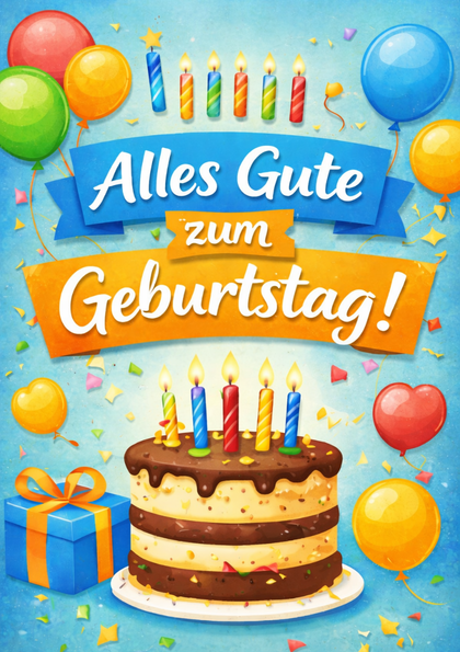 Birthday card with cake, balloons and candles