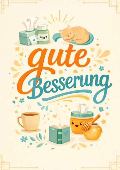Get-well card with tea, honey and a sleeping cat