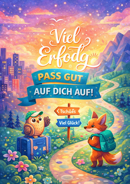 Illustrated fox and owl on a colorful farewell path