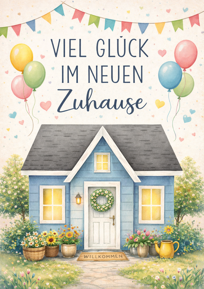 Blue illustrated house with balloons and wreath