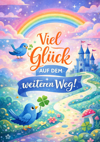 Greeting card with rainbow, birds and castle