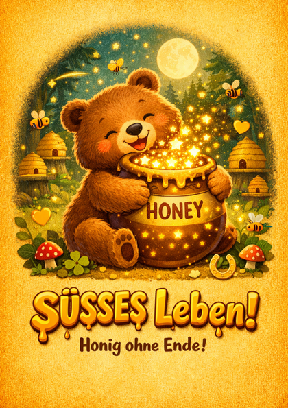 Smiling bear hugging a glowing honey pot