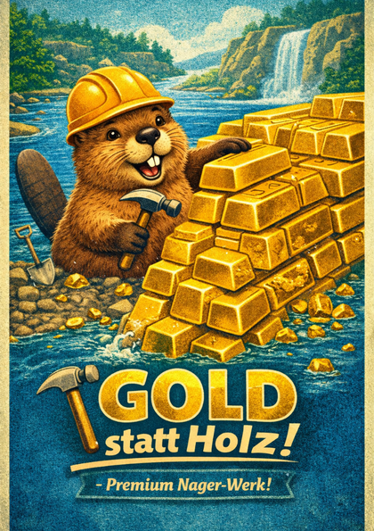 Beaver in hard hat stacking gold bars