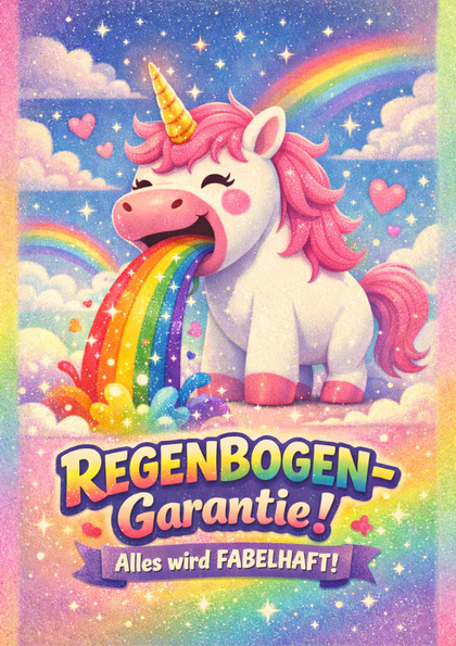 Playful unicorn spouting a rainbow in a pastel sky