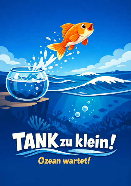 Goldfish jumping from bowl toward the ocean