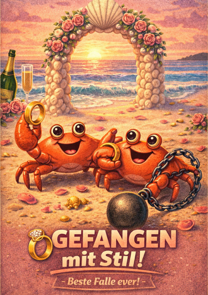 Two cheerful crabs on a beach with wedding rings