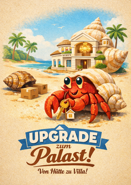 Cartoon hermit crab holding house keys on a beach