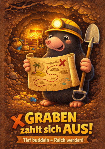 Cartoon mole with treasure map and shovel