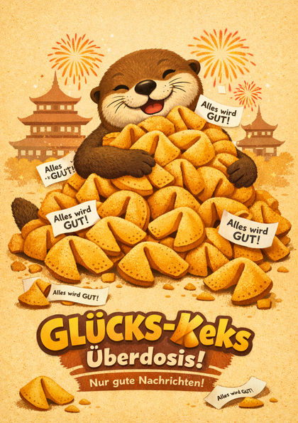 Smiling otter hugging a mountain of fortune cookies