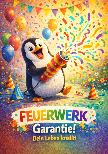 Cheerful penguin with party popper and confetti