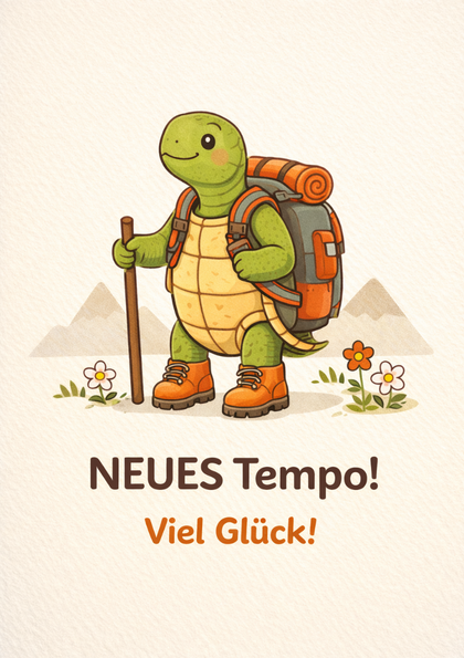Cartoon turtle hiker with backpack and walking stick