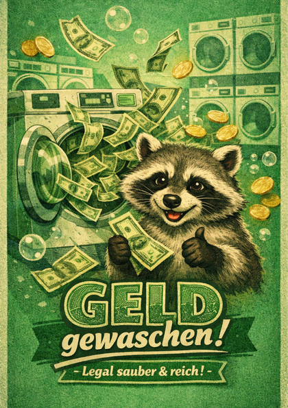 Illustration of raccoon with money in laundromat