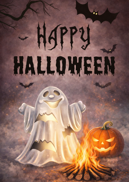 Halloween card with ghost, pumpkin and bonfire