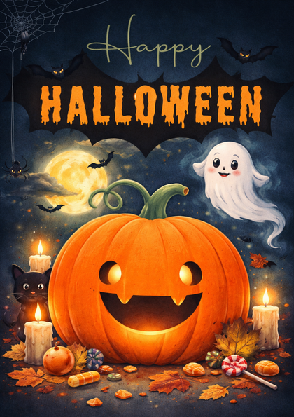 Jack-o'-lantern, ghost and candles on Halloween card