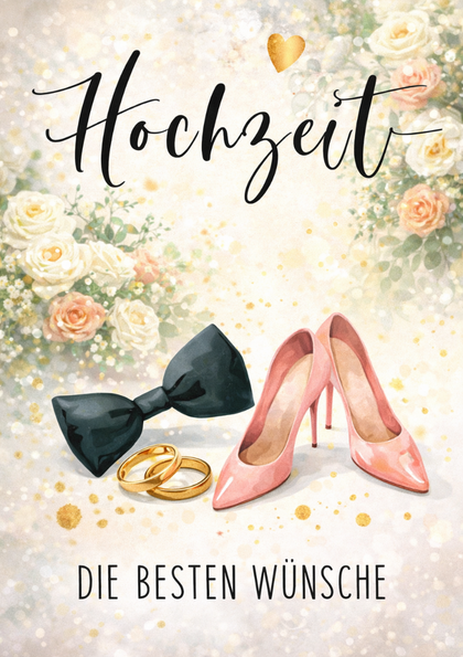 Wedding card with pink shoes, bow tie and rings