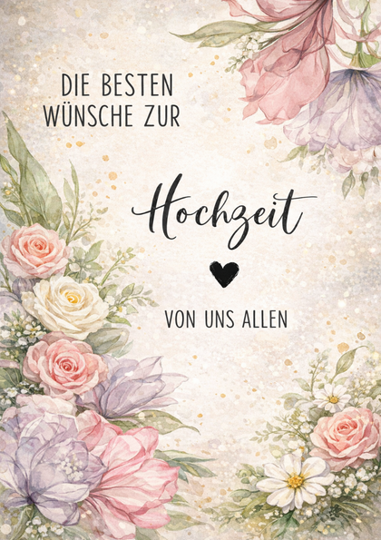 Wedding card with watercolor flowers and German text