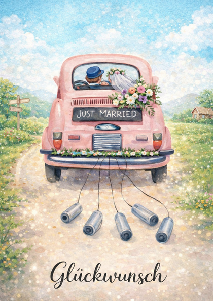 Pink car with 'Just Married' sign